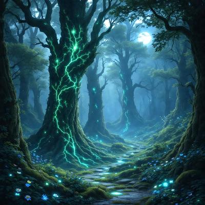 The primary subject of the image is a tree with a blue light emanating from it, surrounded by a forest. The setting is a forest with trees and a path. The visual style is digital art, and the colors and mood are predominantly blue and serene.